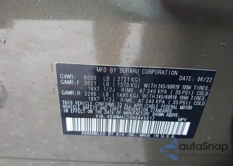 2022 Subaru Ascent Premium from USA, damaged, VIN 4S4WMACD5N3446617